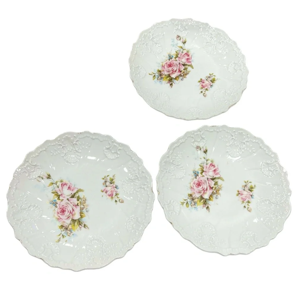 VINTAGE ROSE FLORAL & GOLD CHINA PLATES - SET OF 3